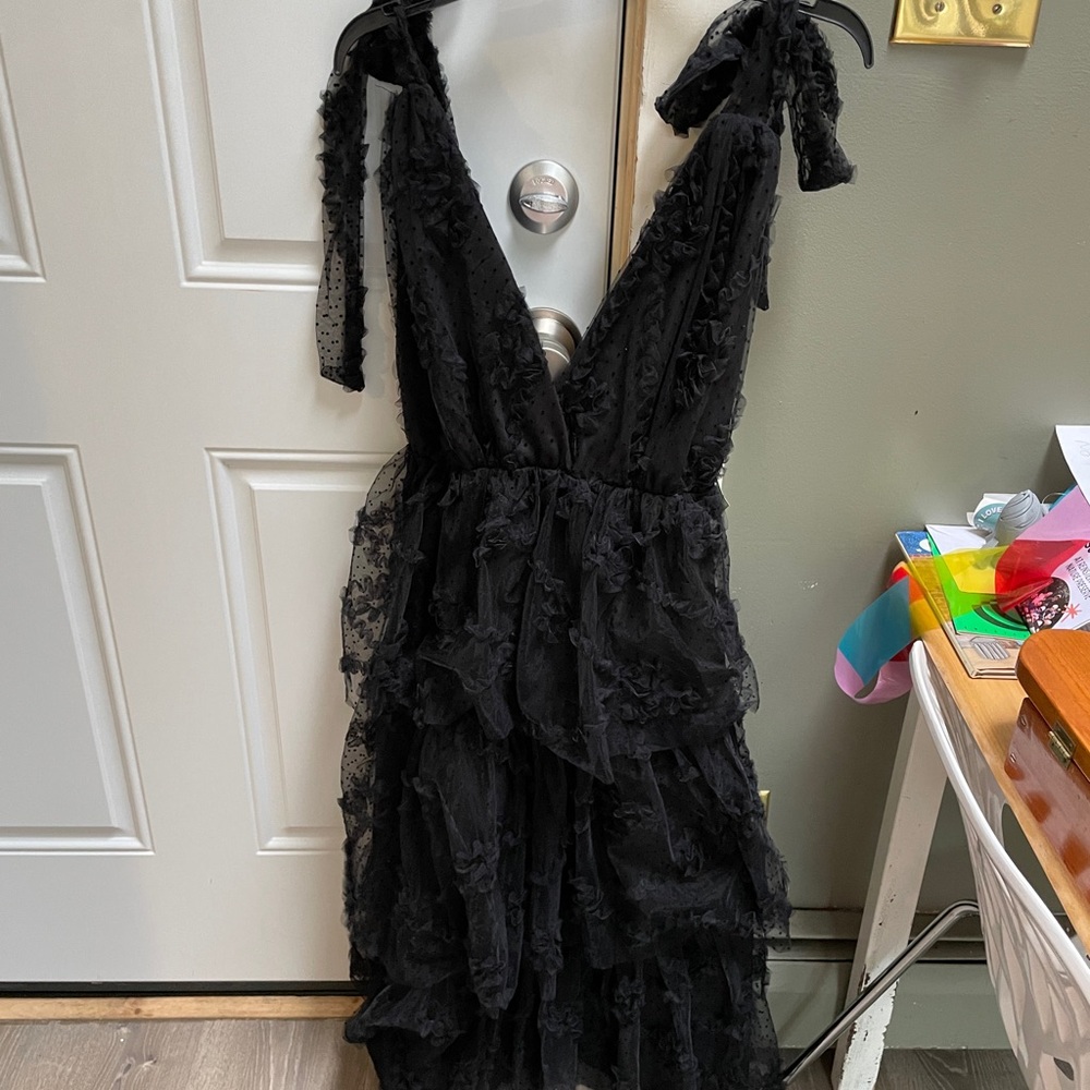 Just Me Black Backless Ruffled V-Neck Tie-Shoulder Dress